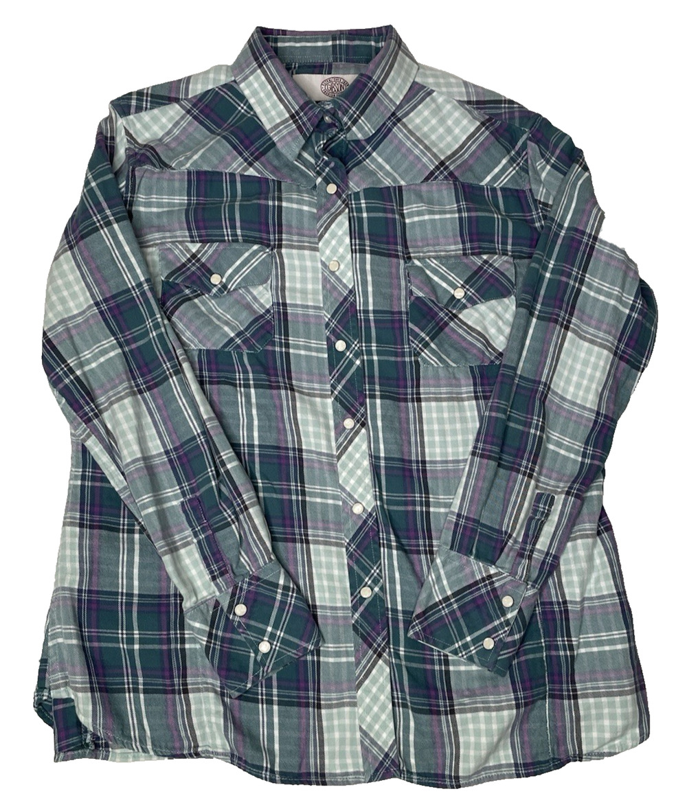 Gibson Women’s XL Plaid Western Pearl Snap Shirt Green Purple Cotton Cowgirl